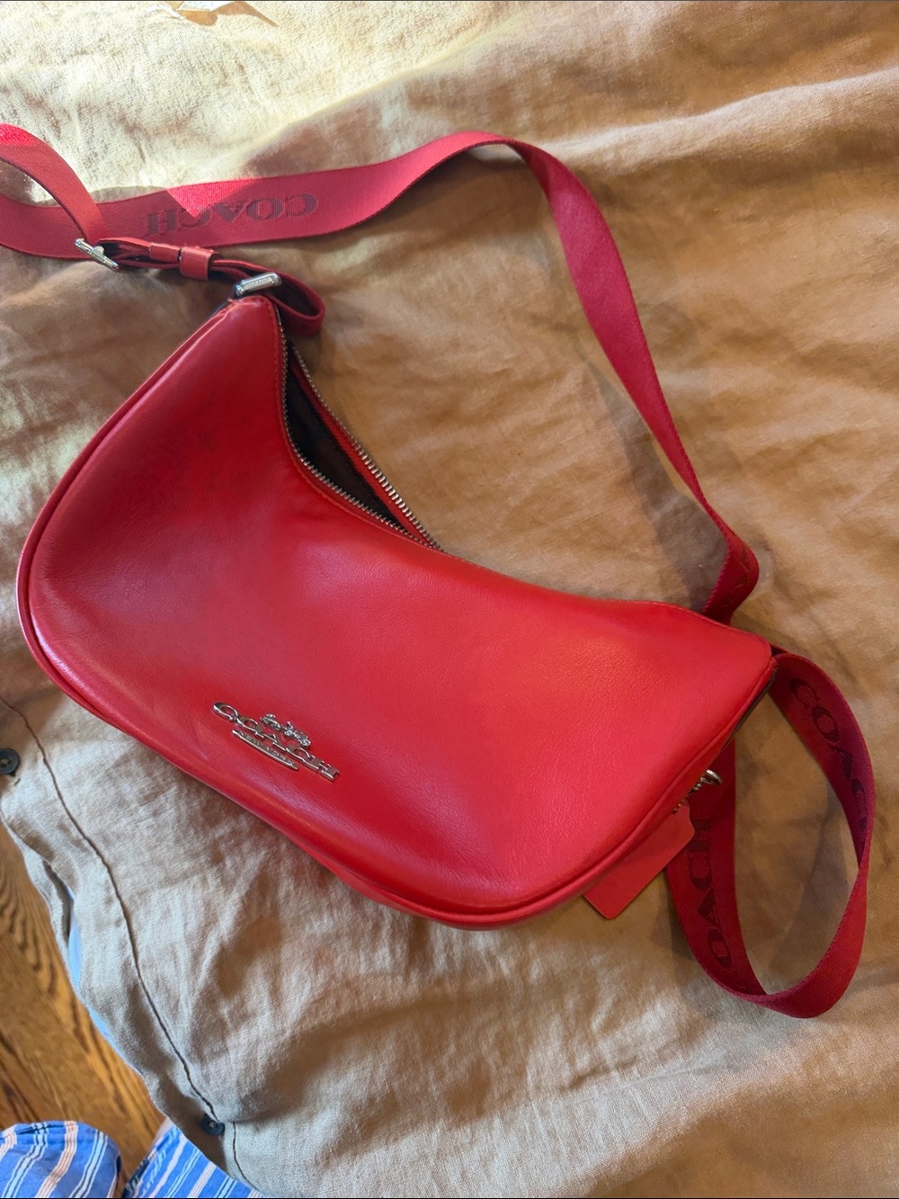 Coach Red Leather Shoulder Bag with Logo Strap